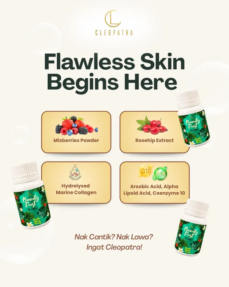 Kandungan utama: mixberries, rosehip, marine collagen, ALA dan CoQ10